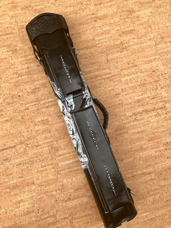 Front view of Batman custom leather pool cue case with comic-inspired artwork