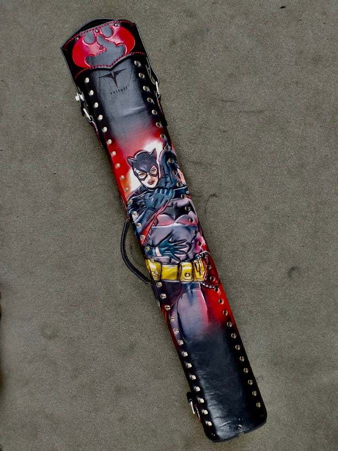 Back view of Batman custom leather pool cue case with comic-inspired artwork