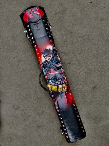 Back view of Batman custom leather pool cue case with comic-inspired artwork