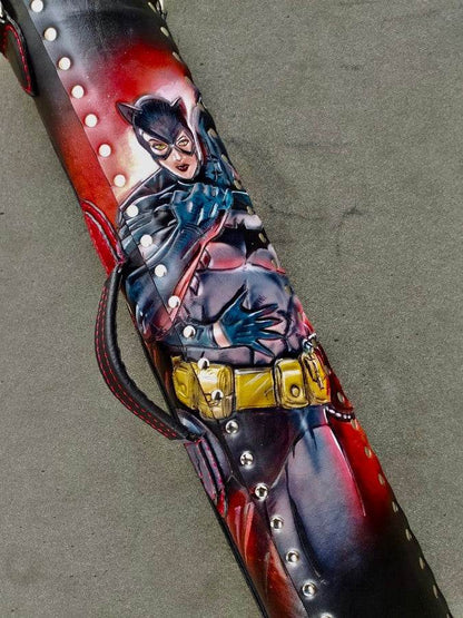 Close-up of Batman custom leather pool cue case with comic-inspired artwork