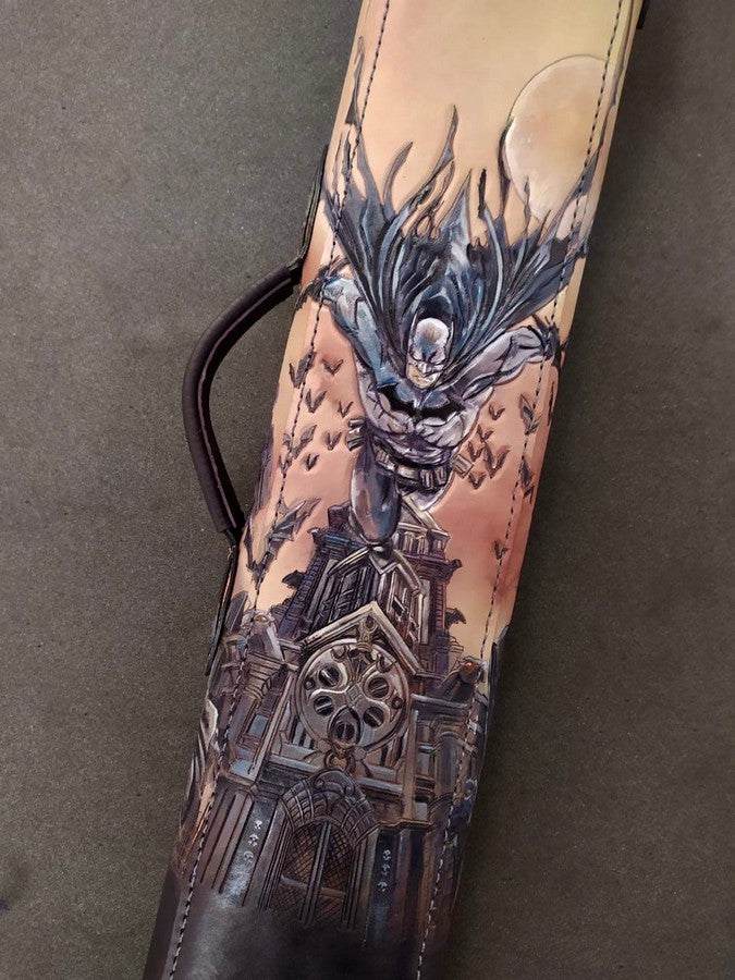 Back close-up of Batman custom leather pool cue case with comic-inspired artwork