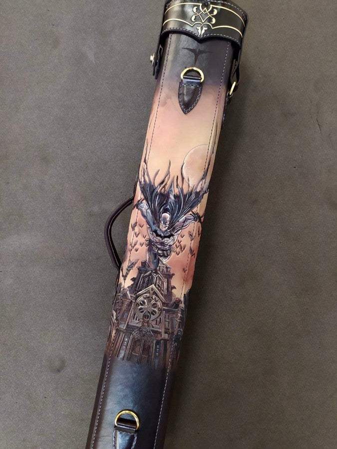 Back view of Batman custom leather pool cue case with comic-inspired artwork