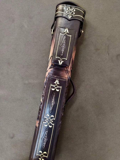 Front view of Batman custom leather pool cue case with comic-inspired artwork