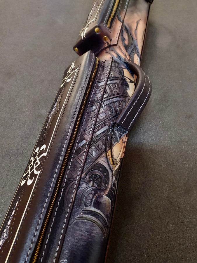 Side close-up of Batman custom leather pool cue case with comic-inspired artwork