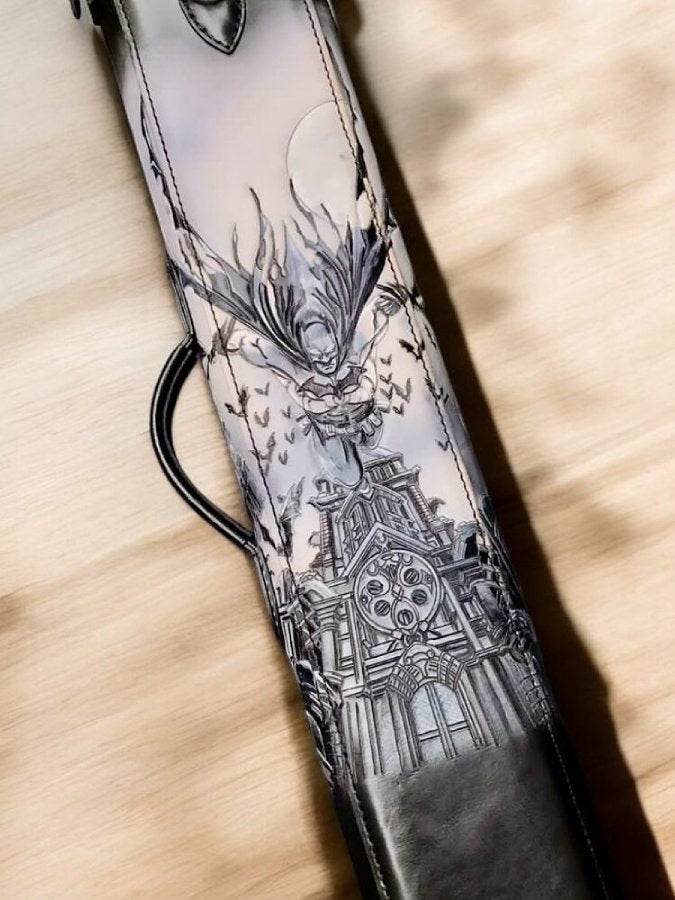 Back view of Batman gray custom leather pool cue case with comic-inspired artwork