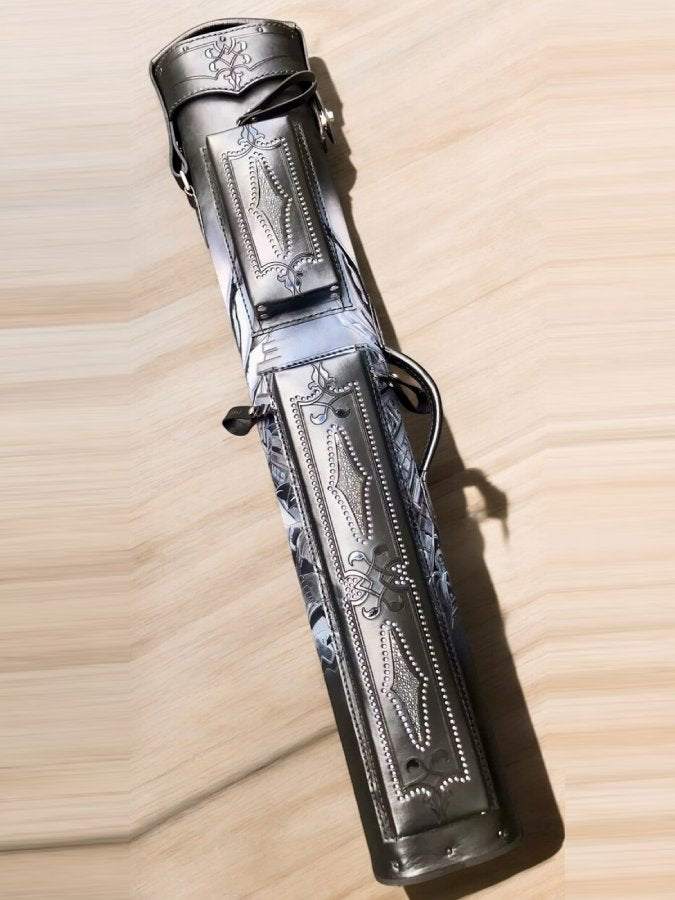 Front view of Batman gray custom leather pool cue case with comic-inspired artwork