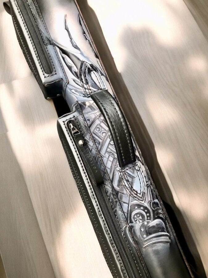 Side close-up of Batman gray custom leather pool cue case with comic-inspired artwork
