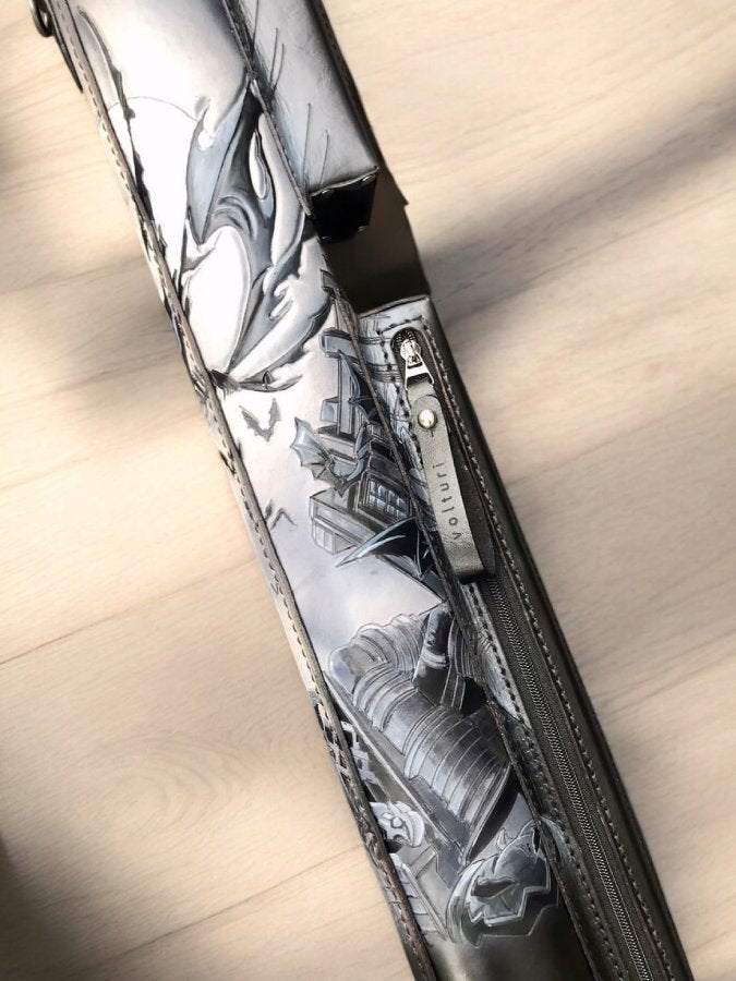 Side close-up of Batman gray custom leather pool cue case with comic-inspired artwork