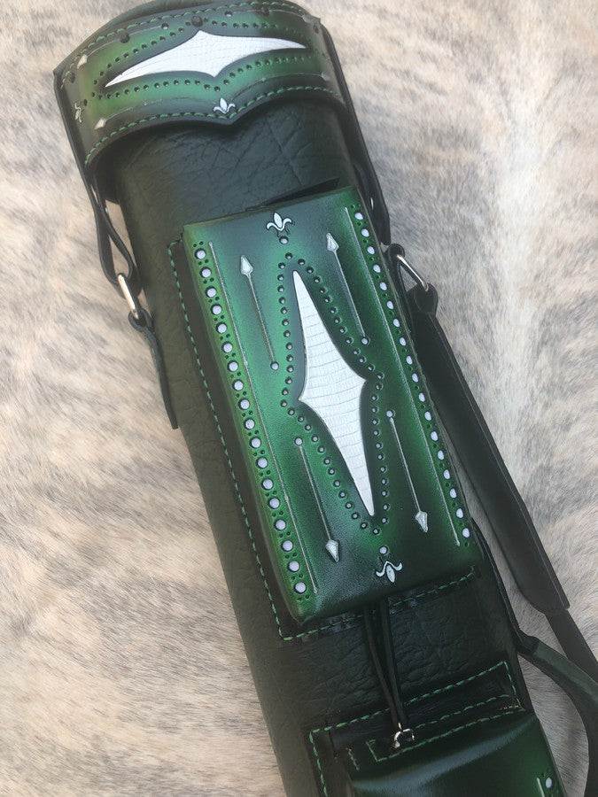 Brogue I Dual Tone Leather Cue Case handtooled and handcolored with express shipping