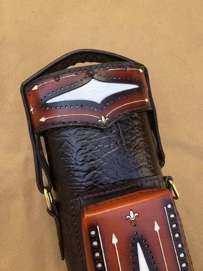 Brogue I Dual Tone Leather Cue Case handtooled and handcolored with express shipping