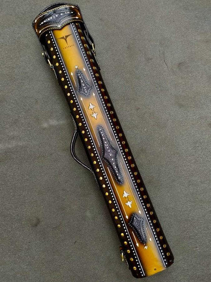 Brogue I dual tone leather cue case handtooled and handcolored