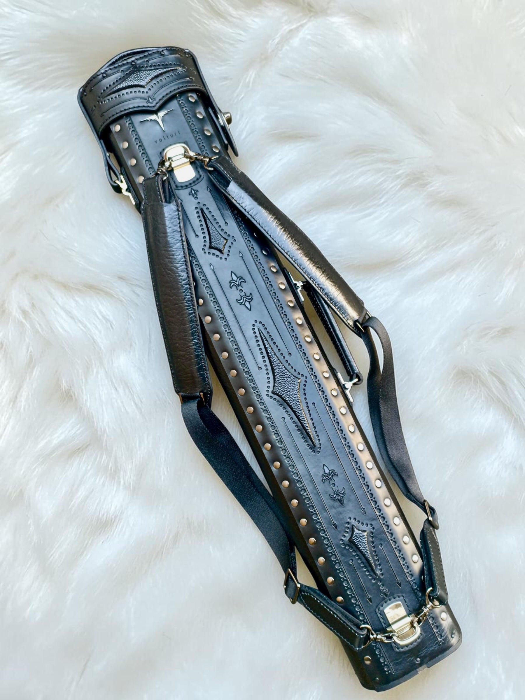 Brogue I Ghost black leather pool cue case with double backpack straps