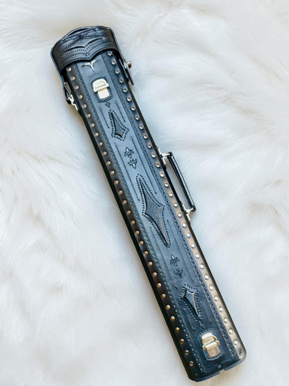Back of Brogue I Ghost black leather pool cue case with decorative studs and hardware