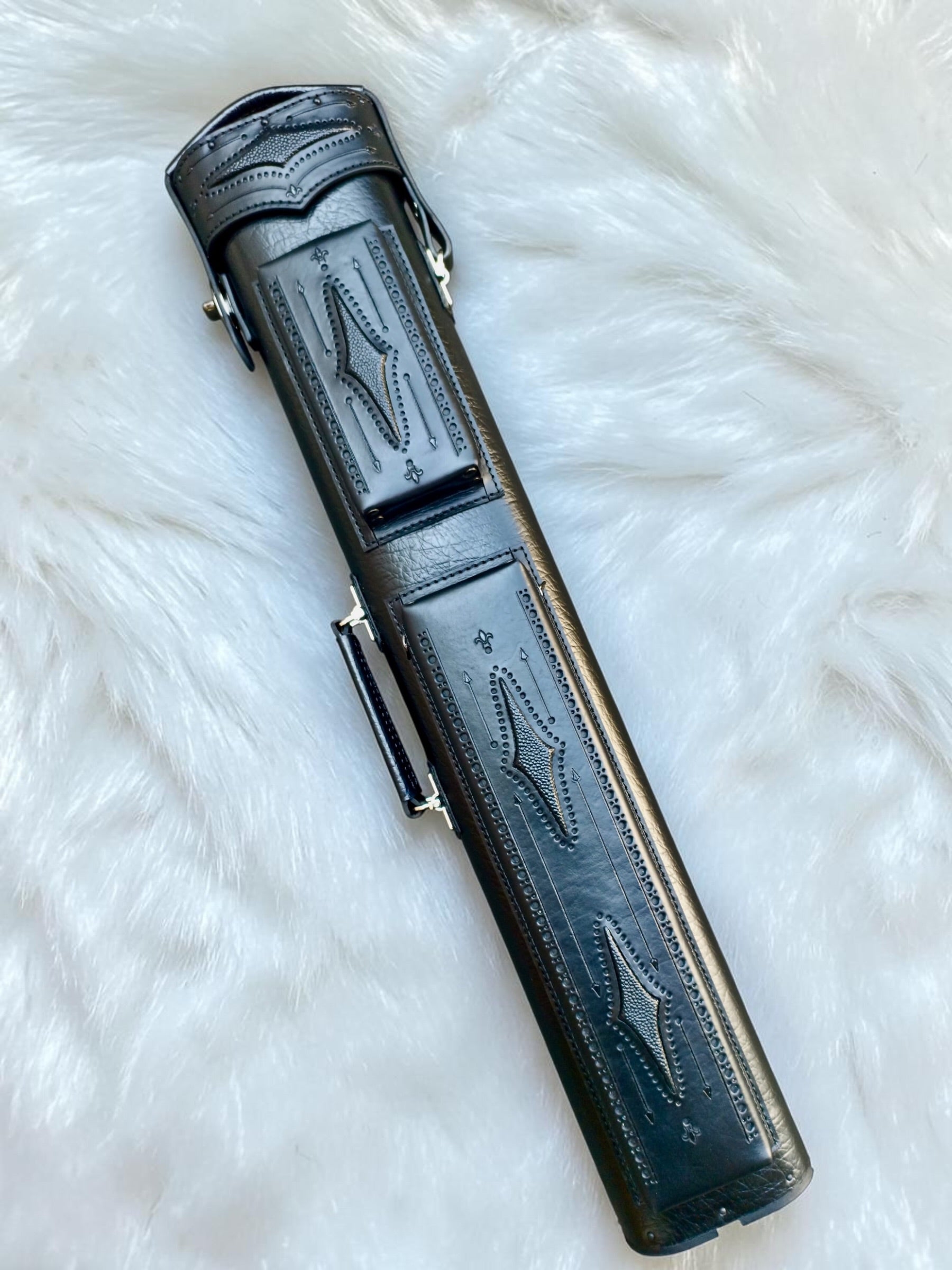 Front of Brogue I Ghost single-tone black leather pool cue case with hand-tooled details