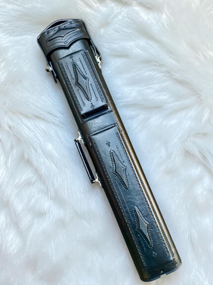 Front of Brogue I Ghost single-tone black leather pool cue case with hand-tooled details