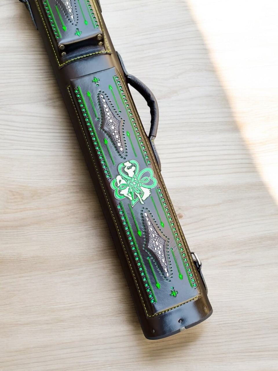 Brogue I Signature leather cue case handtooled and handcolored with worldwide express shipping