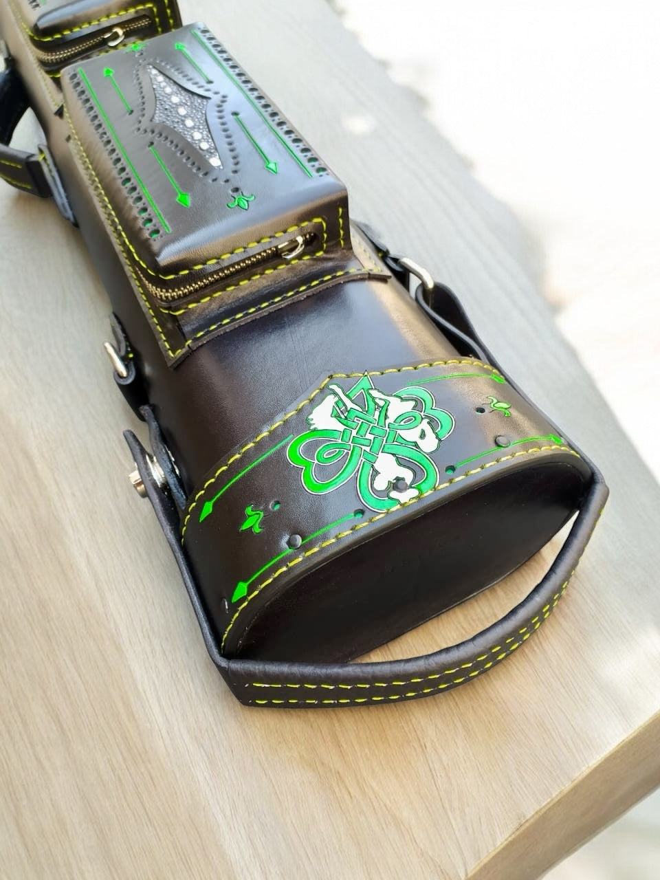 Brogue I Signature leather cue case handtooled and handcolored with worldwide express shipping