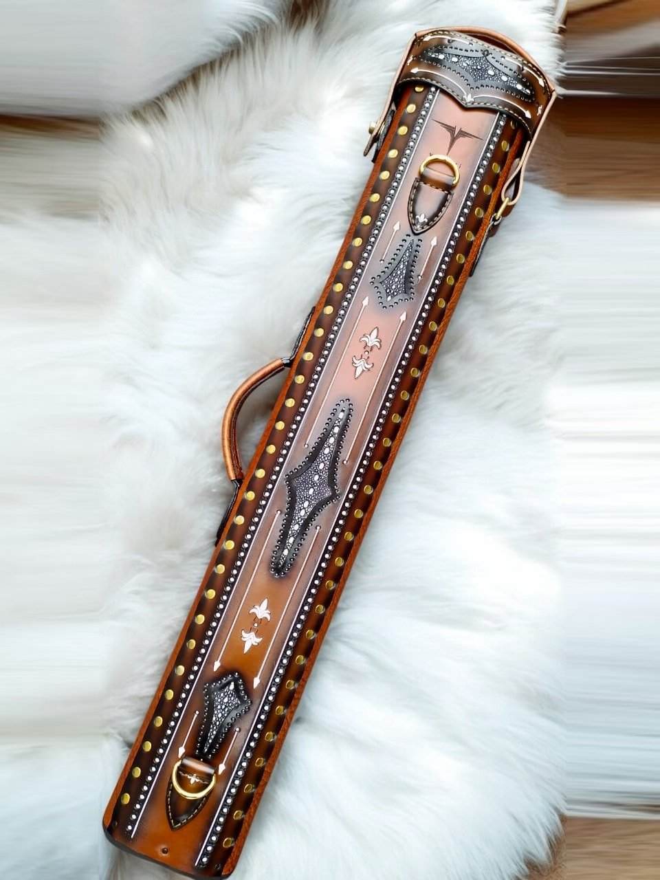 Brogue I Signature Leather Cue Case handtooled and handcolored with express worldwide shipping
