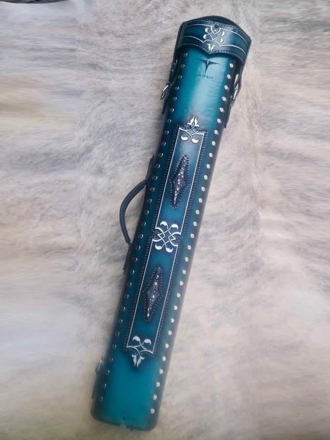 Brogue II leather cue case handtooled and handcolored with worldwide express shipping