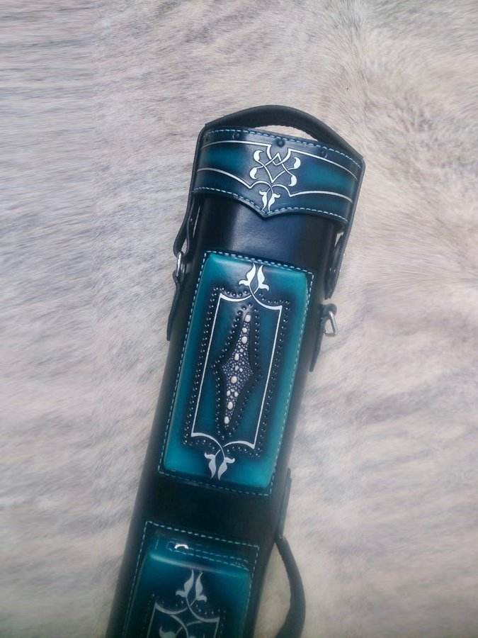 Brogue II Leather Cue Case handtooled handcolored with worldwide express shipping