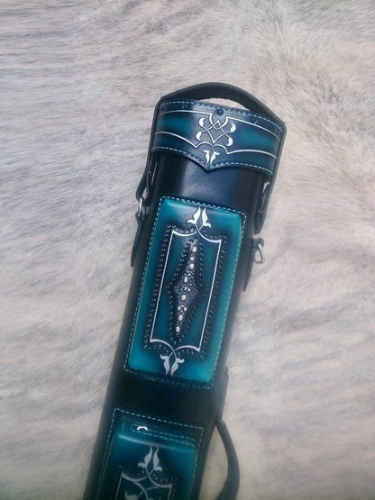 Brogue II Leather Cue Case handtooled handcolored with worldwide express shipping