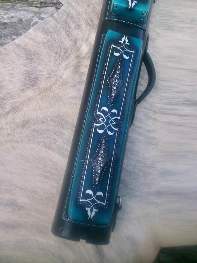 Brogue II Leather Cue Case handtooled and handcolored with worldwide express shipping