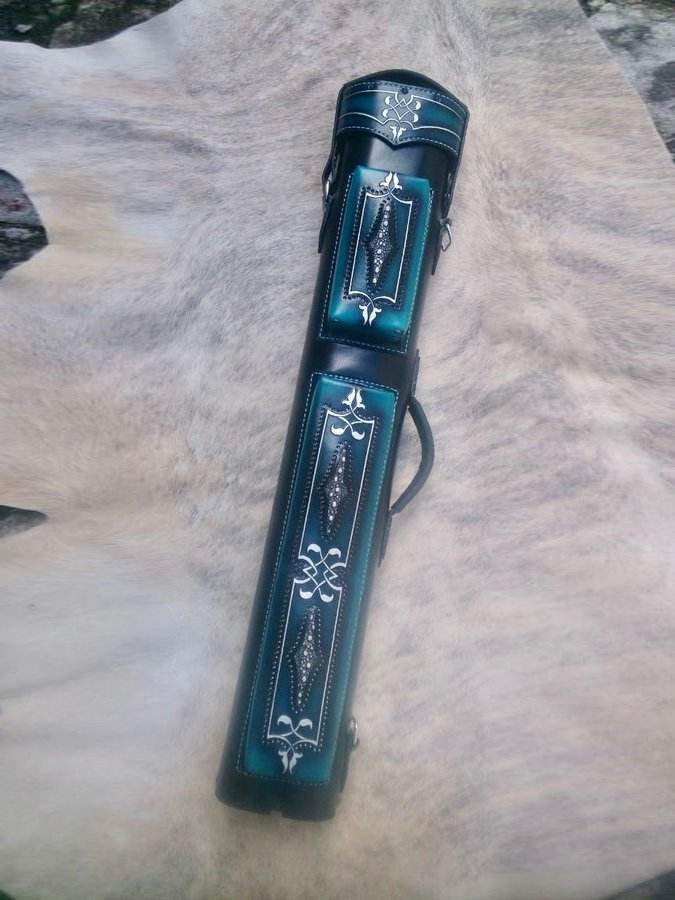 Brogue II Leather Cue Case handtooled and handcolored with worldwide express shipping