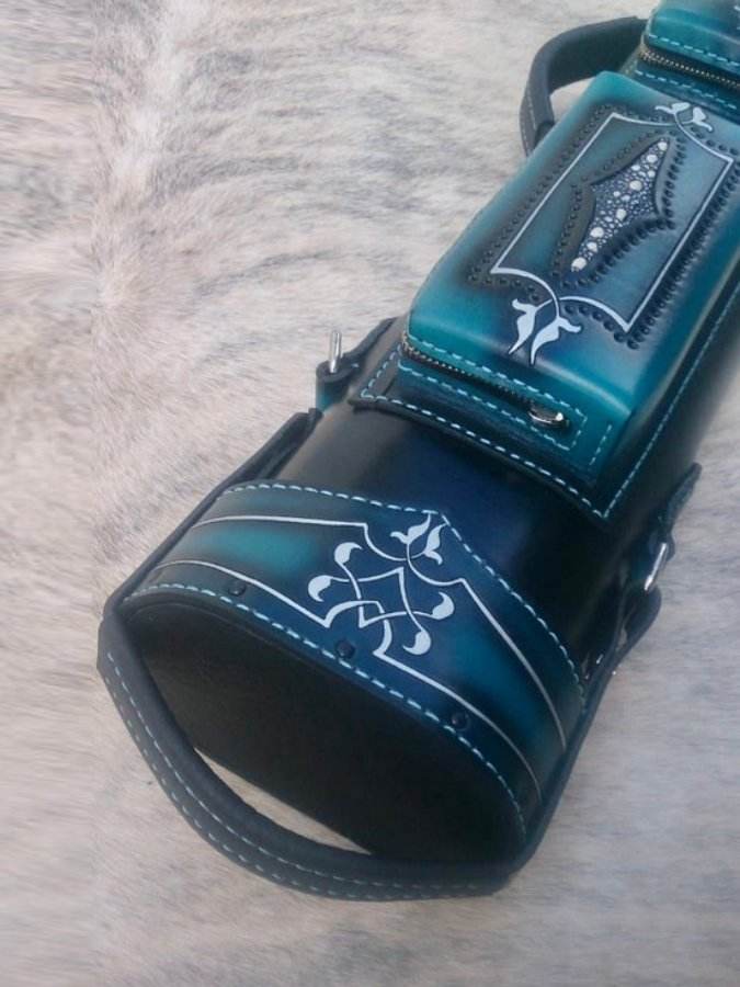 Brogue II Leather Cue Case handtooled and handcolored with worldwide express shipping