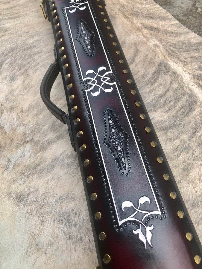 Brogue II Leather Cue Case handtooled and handcolored with worldwide express shipping