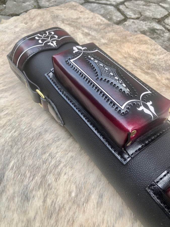 Brogue II leather cue case handtooled and handcolored with worldwide express shipping
