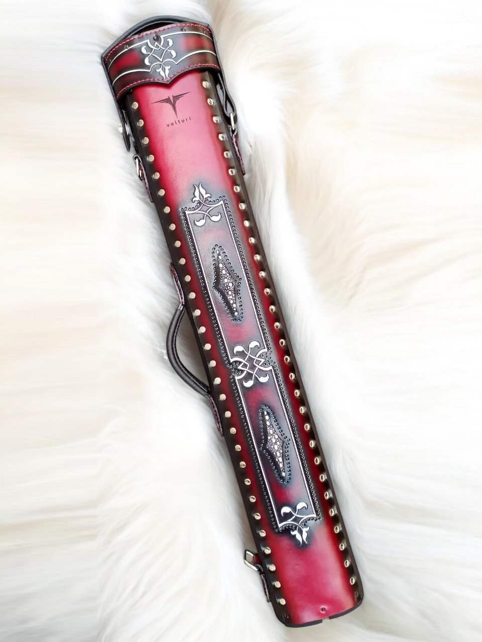 Brogue II Leather Cue Case handtooled and handcolored with worldwide express shipping