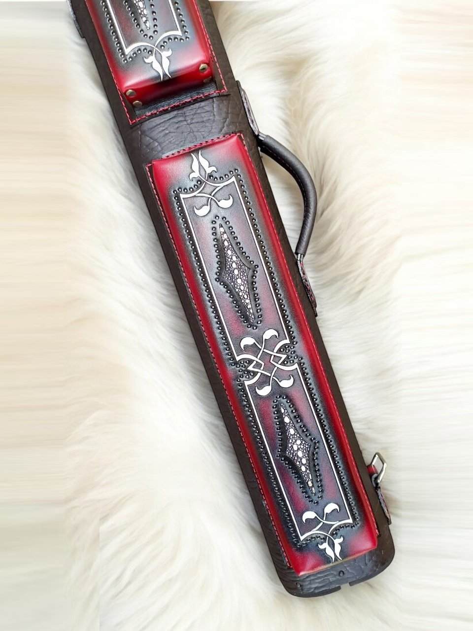 Brogue II leather cue case handtooled and handcolored with worldwide express shipping