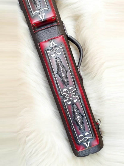 Brogue II leather cue case handtooled and handcolored with worldwide express shipping