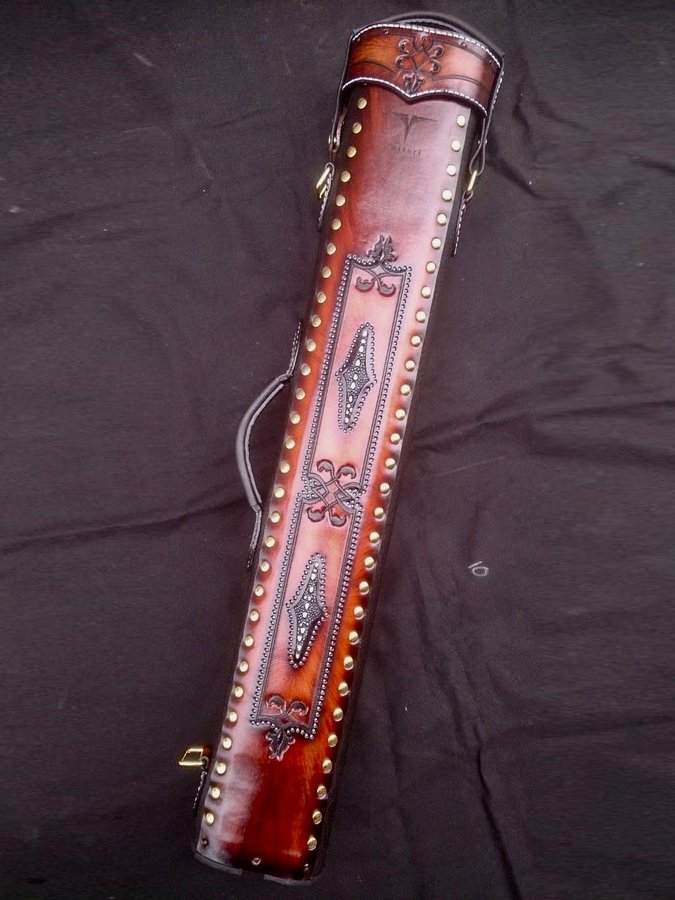 Brogue II Leather Cue Case handtooled and handcolored with worldwide express shipping