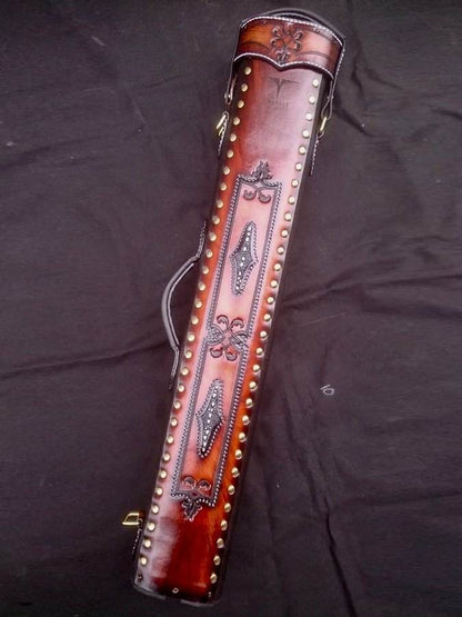 Brogue II Leather Cue Case handtooled and handcolored with worldwide express shipping