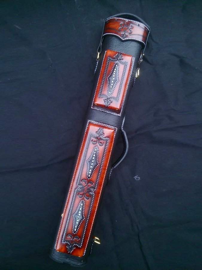 Brogue II Leather Cue Case handtooled handcolored with worldwide express shipping