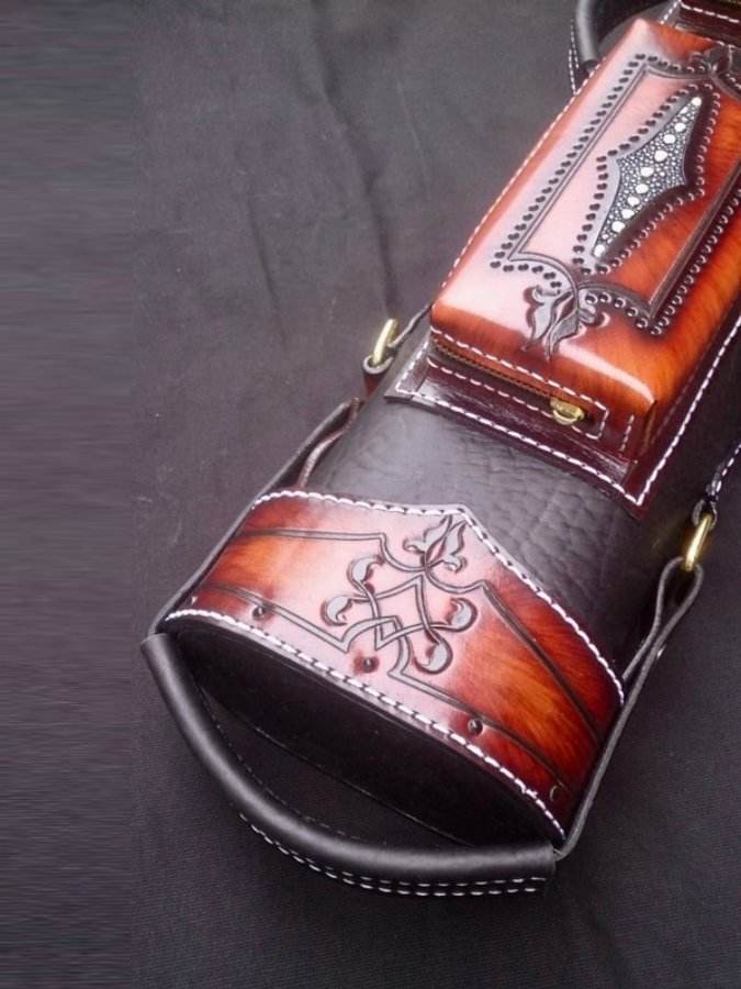 Brogue II Leather Cue Case handtooled and handcolored with worldwide express shipping