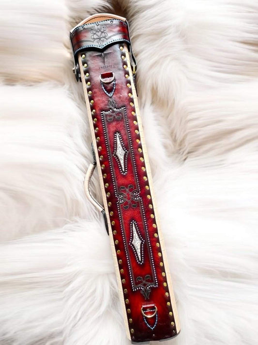Brogue II leather cue case handtooled and handcolored with worldwide express shipping