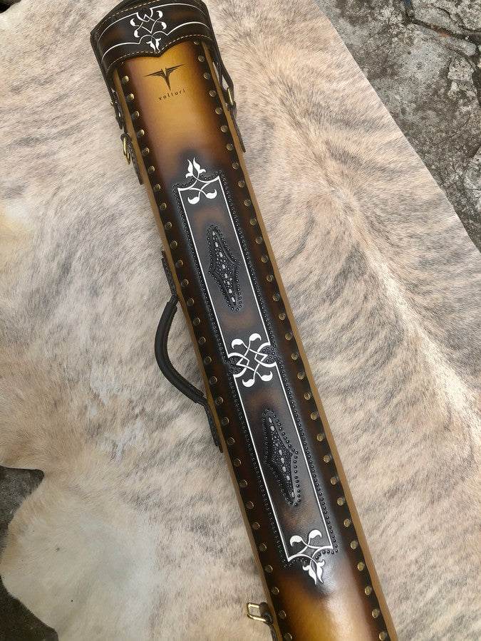 Brogue II leather cue case handtooled and handcolored with worldwide express shipping