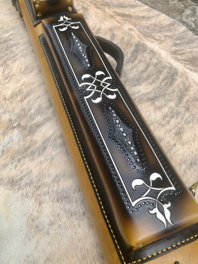 Brogue II Leather Cue Case handcrafted handtooled handcolored with worldwide express shipping