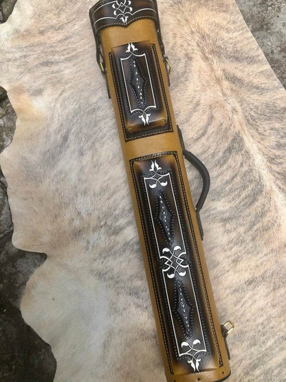 Brogue II Leather Cue Case handtooled and handcolored with worldwide express shipping