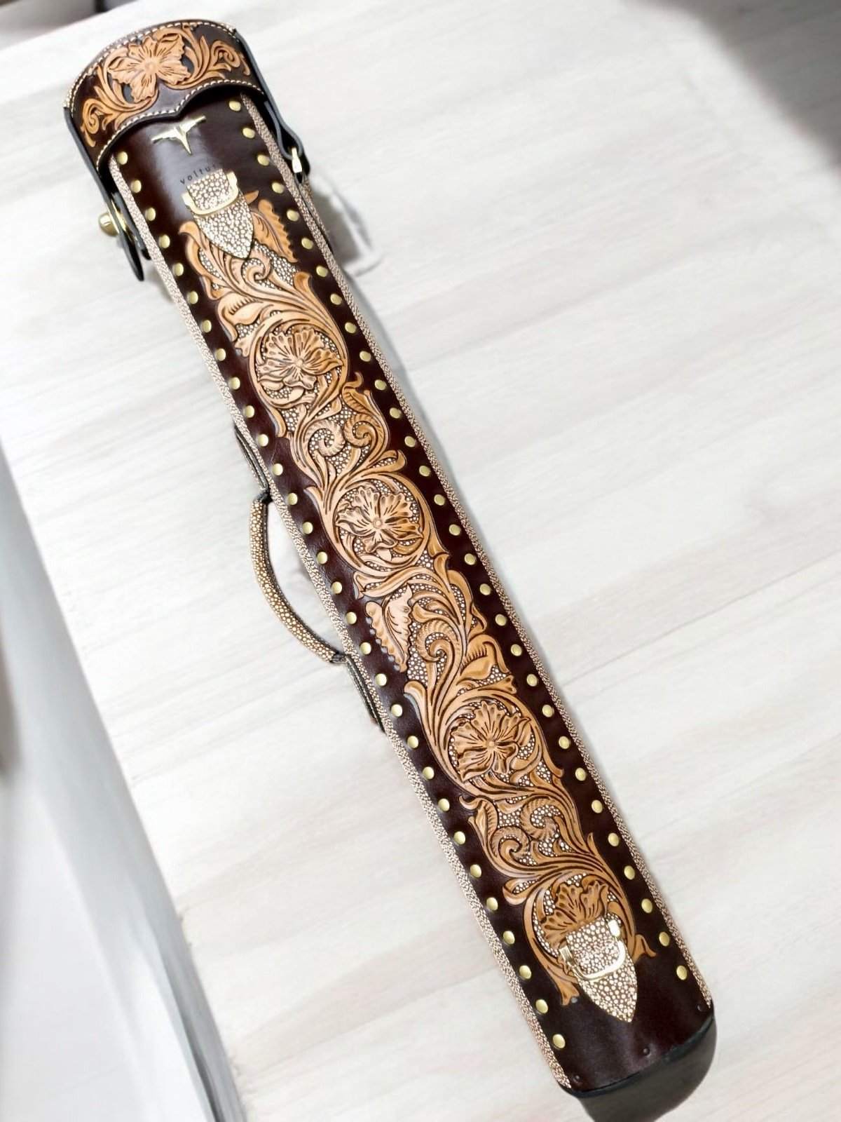 Buffalo Dual Tone Leather Cue Case handtooled handcolored with express shipping