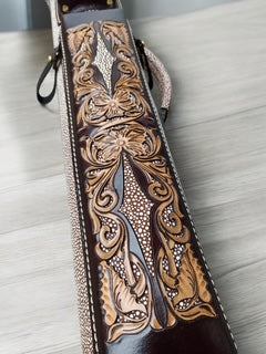 Buffalo Dual Tone Leather Cue Case handtooled and handcolored with express shipping