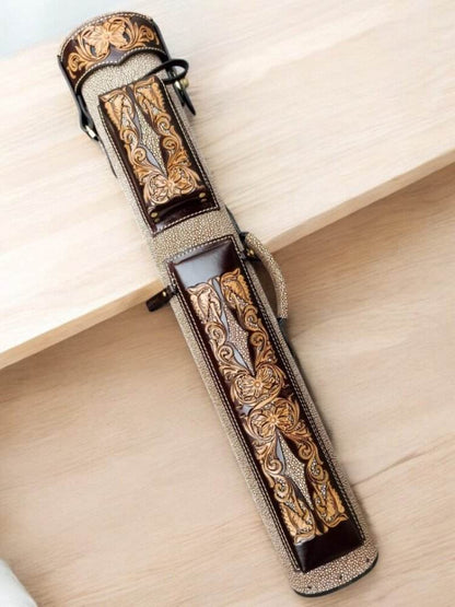 Buffalo dual tone leather cue case handtooled and handcolored with express shipping