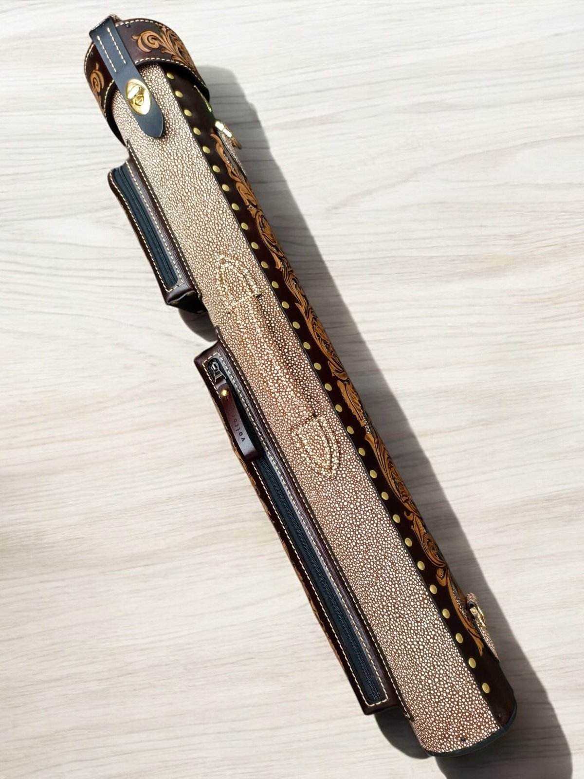 Buffalo dual tone handtooled leather cue case with handcolored finish and worldwide express shipping