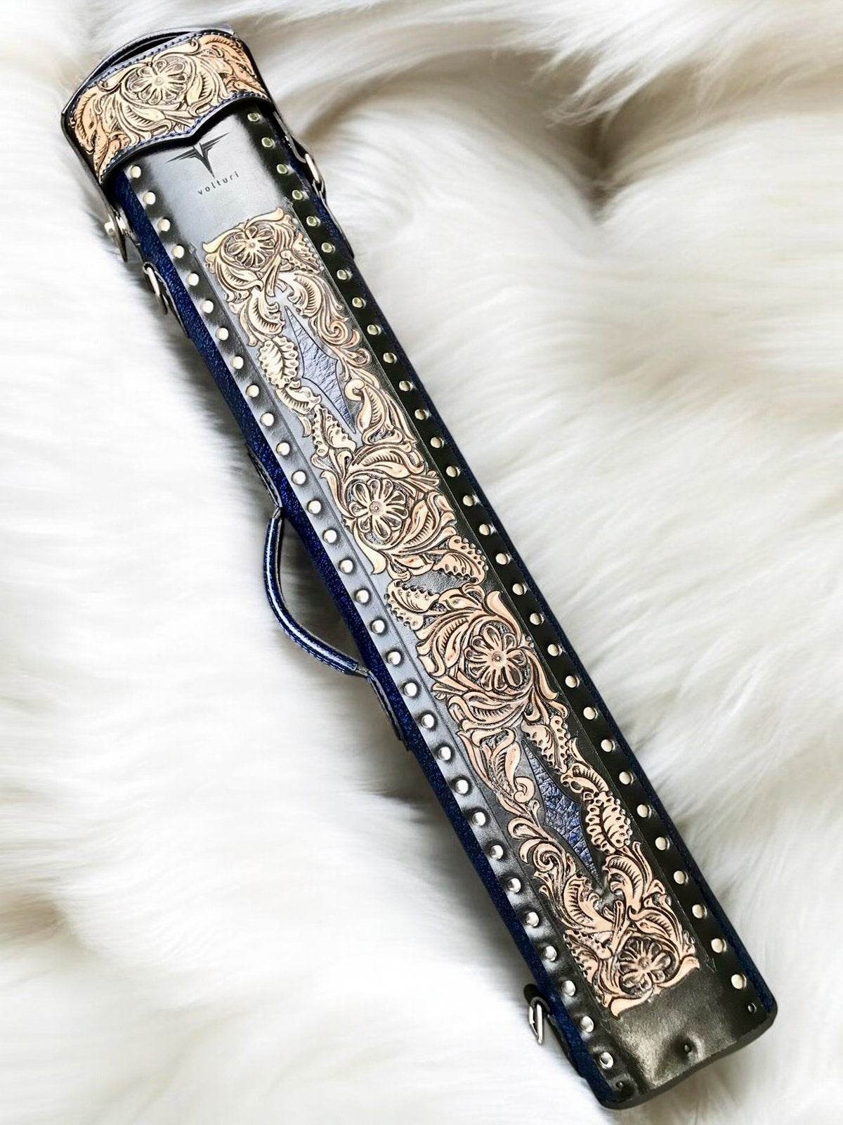 Buffalo Dual Tone Leather Cue Case handtooled and handcolored with express worldwide shipping