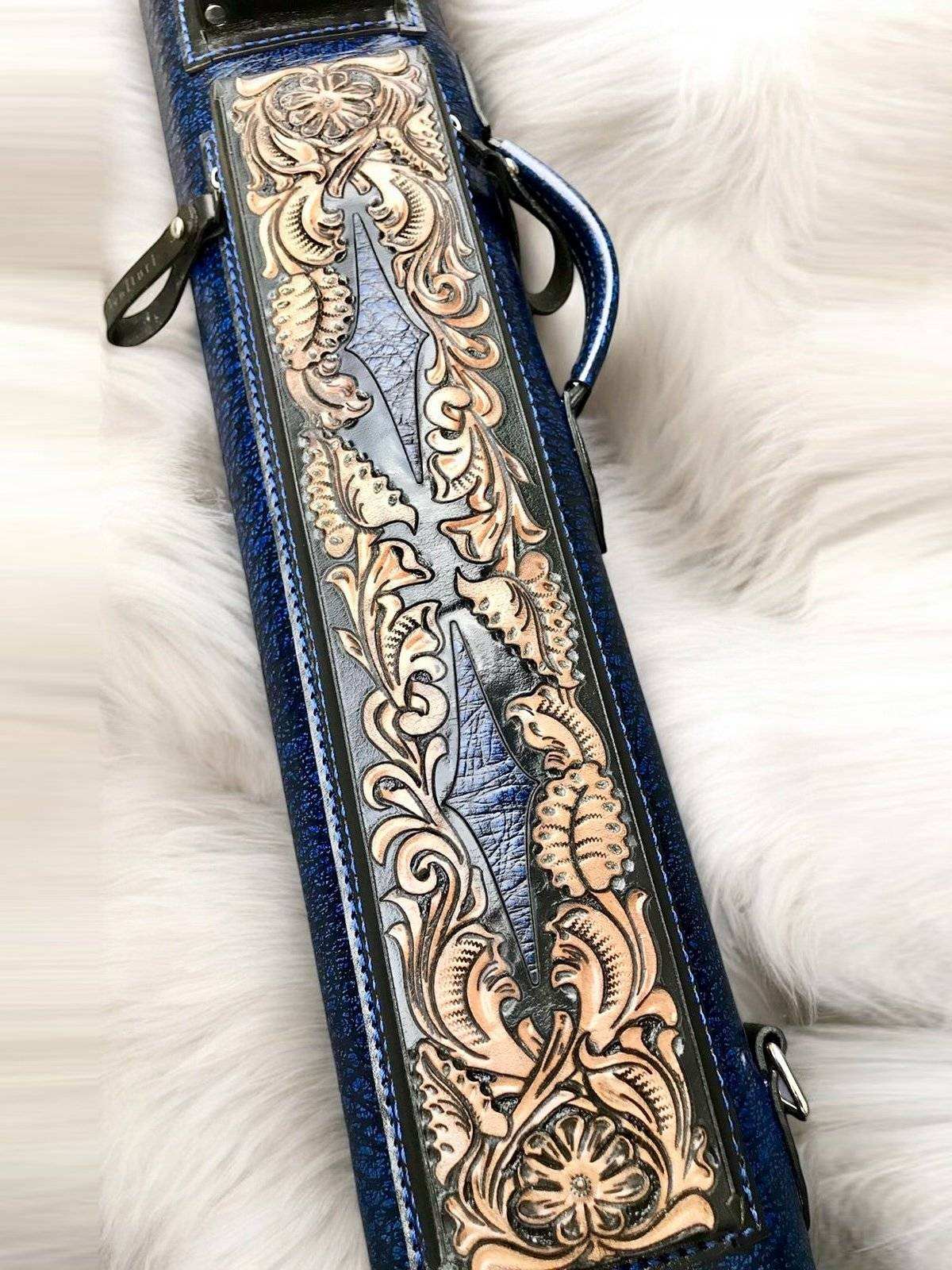 Buffalo Dual Tone Leather Cue Case handtooled and handcolored with worldwide express shipping
