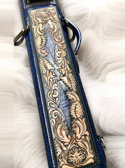 Buffalo Dual Tone Leather Cue Case handtooled and handcolored with worldwide express shipping