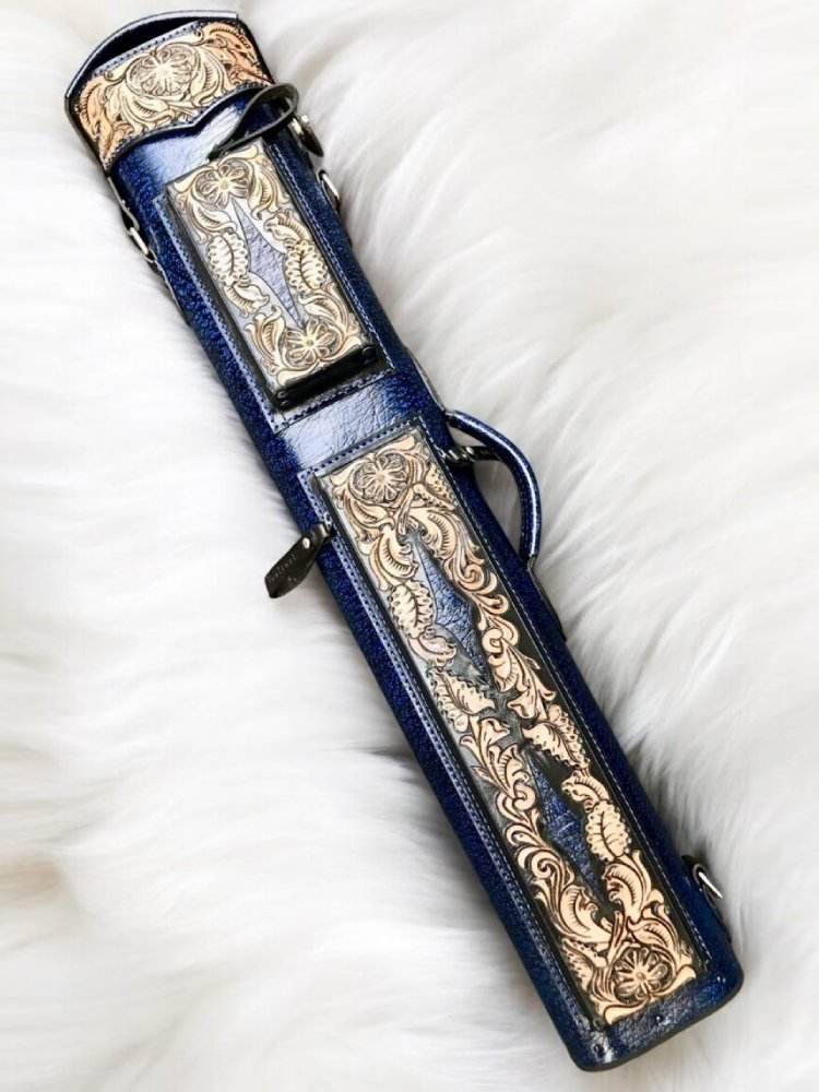 Buffalo Dual Tone Leather Cue Case handtooled and handcolored with worldwide express shipping