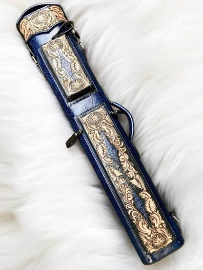 Buffalo Dual Tone Leather Cue Case handtooled and handcolored with worldwide express shipping